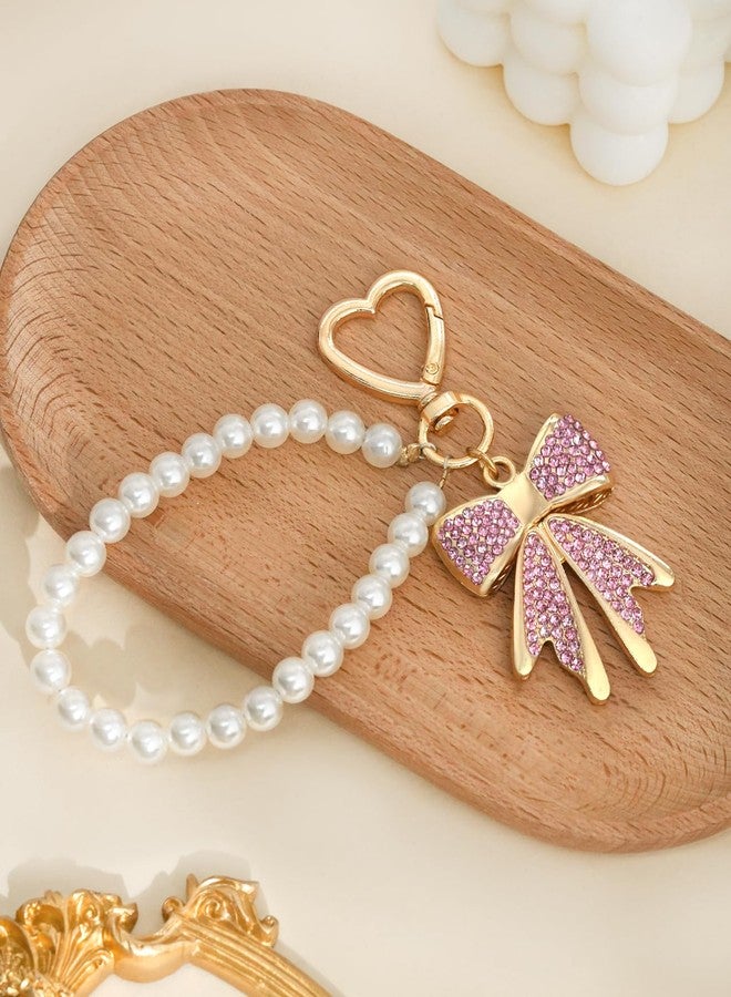 nylry Bow Keychain Bow Bag Charm Purse Charms for Handbags Rhinestone Bowknot Keychains With Pearl Chains Cute Keychains for Women Crystal Bag Charms for Backpacks Keychain Accessories Gifts-pink - Image 2